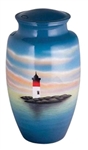 HAND PAINTED METAL URN-LIGHTHOUSE