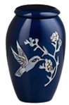 MOTHER OF PEARL BLUE METAL URN WITH HUMMINGBIRD
