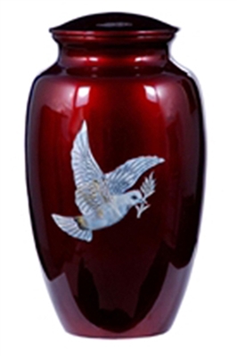 MOTHER OF PEARL BURGUNDY RED INLAY METAL URN-DOVE