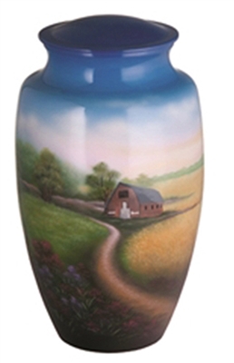 HAND PAINTED METAL URN-COUNTRY SCENE