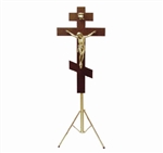 RUSSIAN ORTHODOX CRUCIFIX WITH ADJUSTABLE TRIPOD STAND
Solid Walnut 
Antique Bronze Corpus
Cross measures 17" W x 33" H
Top Height adjustable from 38" to 86"